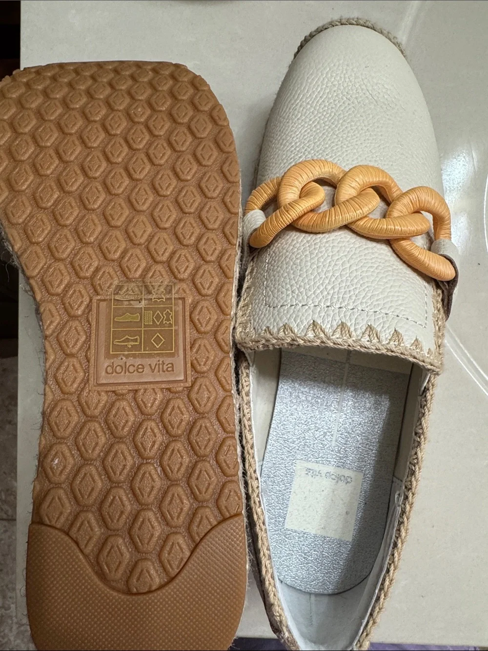 Dolce Vita Cream Slip-On Loafers with Tan Chain Accent